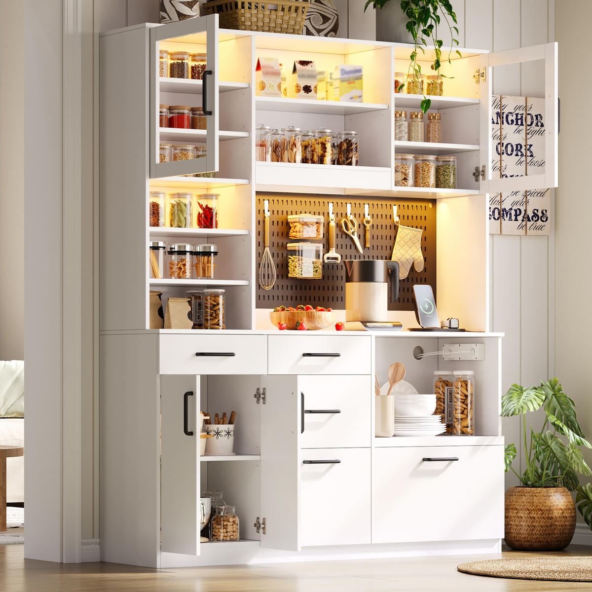 BUFFET 185 cm MDF Weiß mit RGB-LED, Lochplatte und Glasfront - Weiß, Holzwerkstoff (40/185/145cm) - Korfee