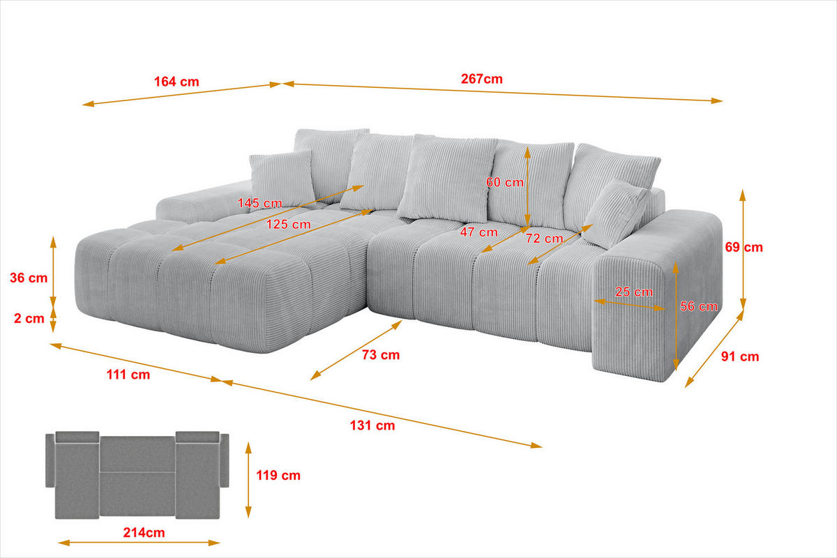 ECKSOFA Ottomane Links ENSI-L - 267x164x69 cm Grau - Grau, Holzwerkstoff/Kunststoff (267/164cm) - ALTDECOR