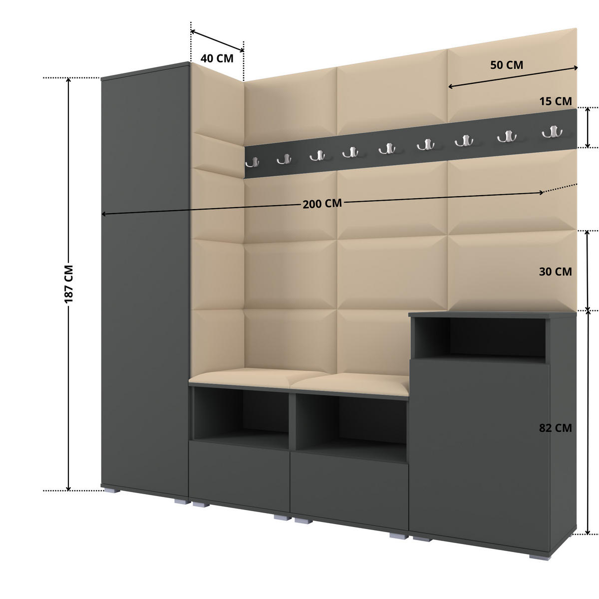 GARDEROBE NELA X 200 cm (Modulare Flurmöbel Graphit mit Sitzpolster Beige 04 Schrank + Sideboard) - Beige/Silberfarben, Holz/Holzwerkstoff (200/187/40cm) - Ravio