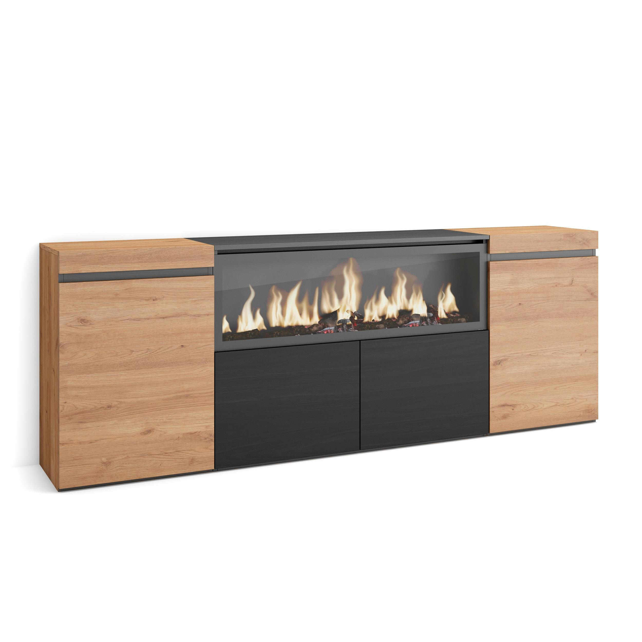 SIDEBOARD Highboard, Elektrokamin XXL, eiche, schwarz, 208/35/75cm - Eichefarben/Multicolor, Holzwerkstoff (208/75/35cm) - Skraut Home
