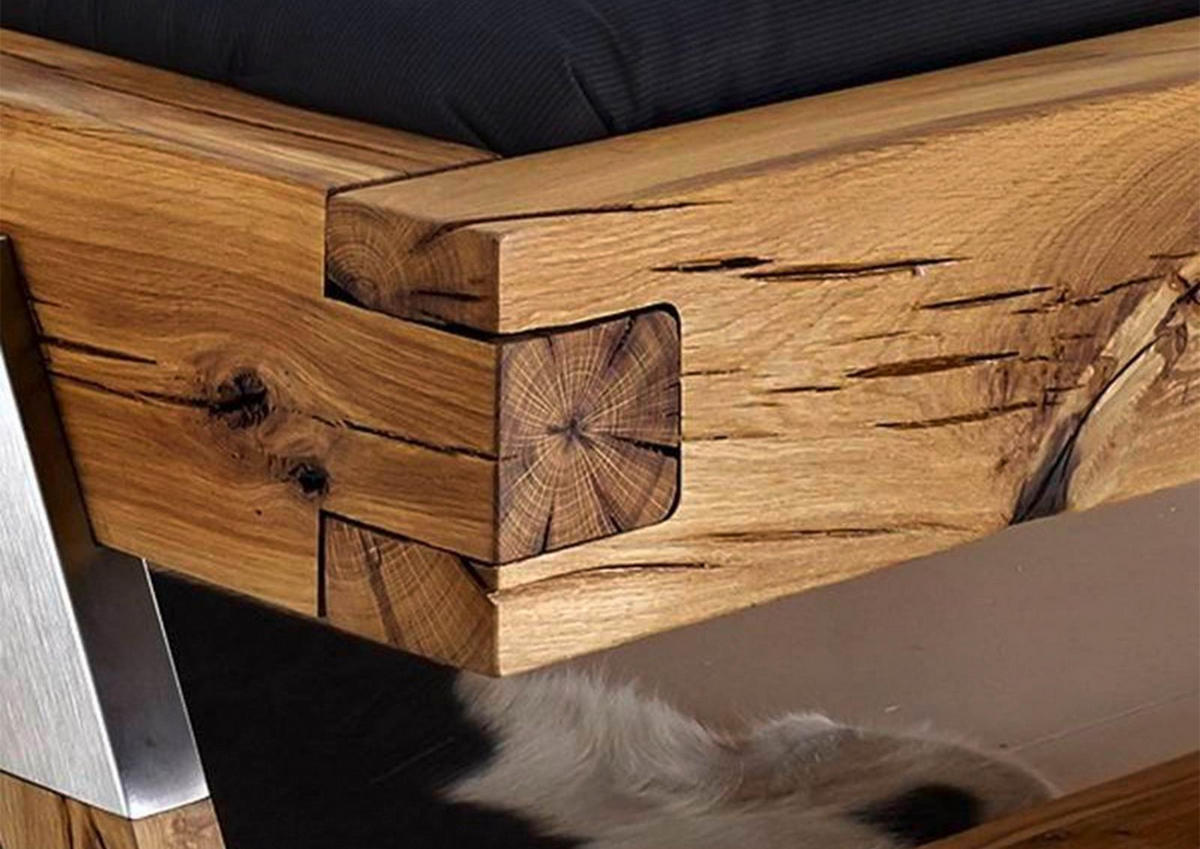 BETT Massivholz Wildeiche 160 x 200 x 86 natur BALKENMÖBEL #101 - Braun, Holz (160/200cm) - Massivmoebel24