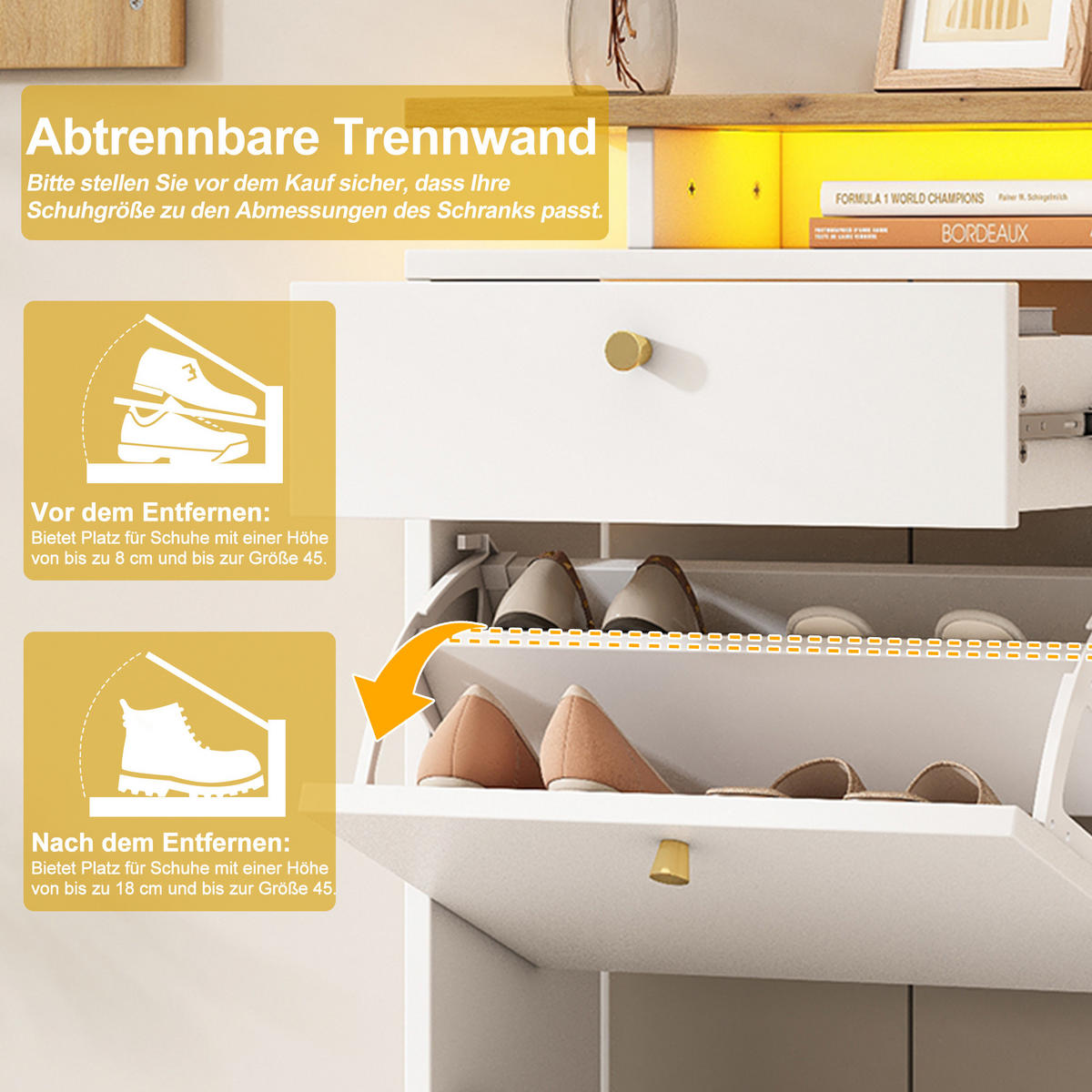 GARDEROBE-SET in Weiß Schuhschrank mit Spiegel , Hutablage , LED und 4 Haken für Flur , B105/T25/H151.5cm - Weiß, Holzwerkstoff (85/101.5/25cm) - STILVORA