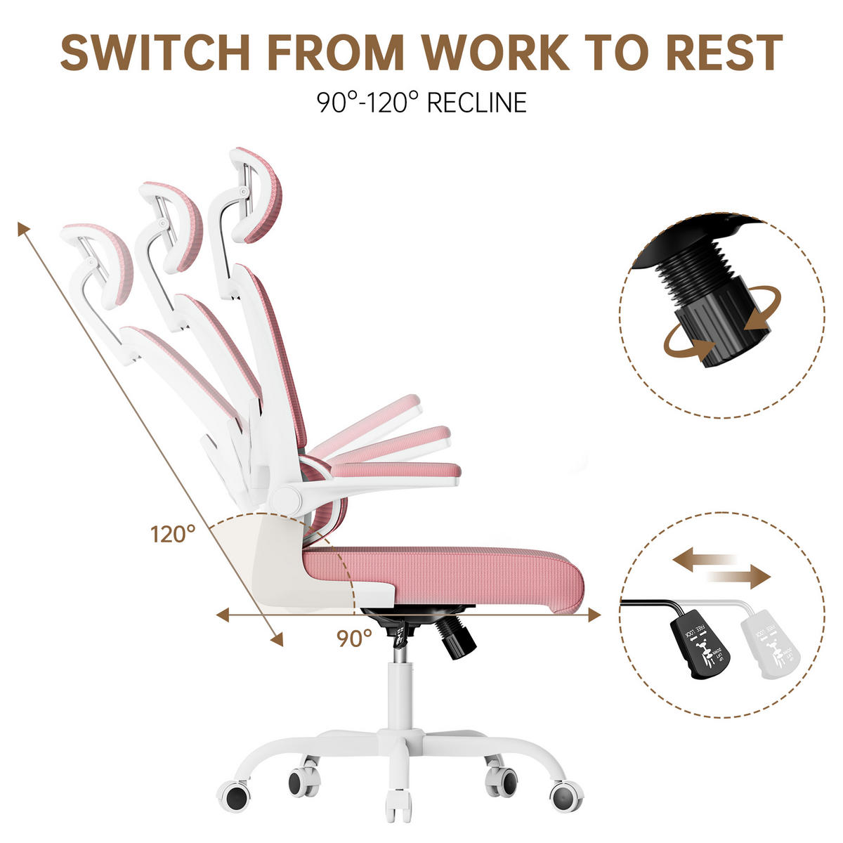 COMPUTERSTUHL drehbar, Wippfunktion – Rosa - Pink, Metall (54/127/54cm) - Rattantree