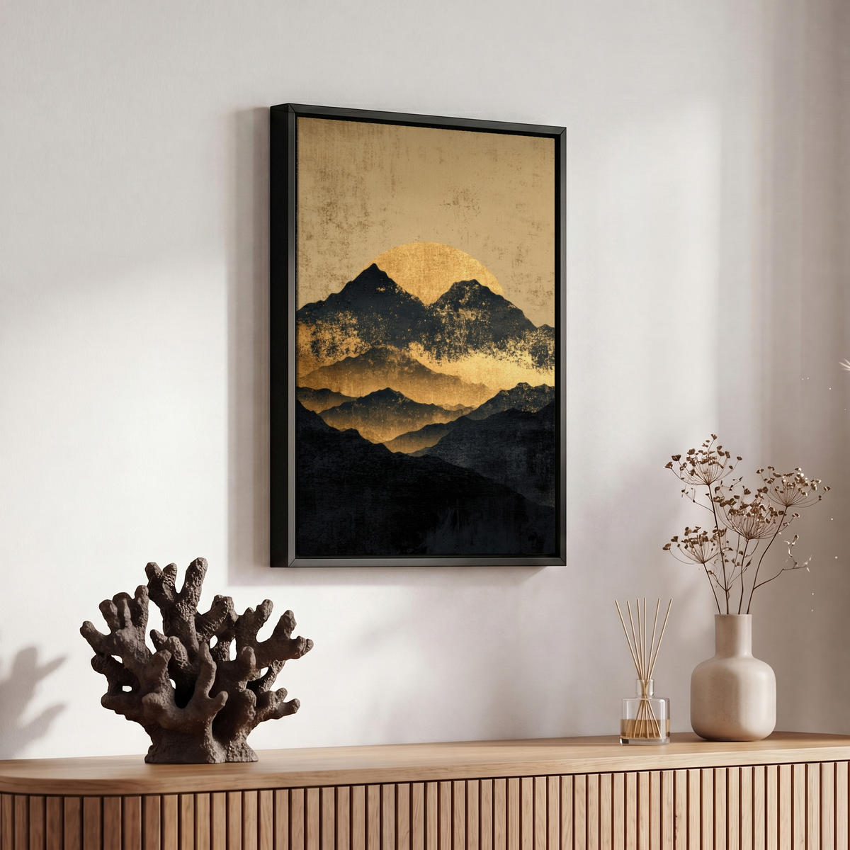 LEINWAND Bilder mit Rahmen - Goldene Berge bei Mondschein - 20x30 - Goldfarben, Textil (20/30cm) - MuchoWow