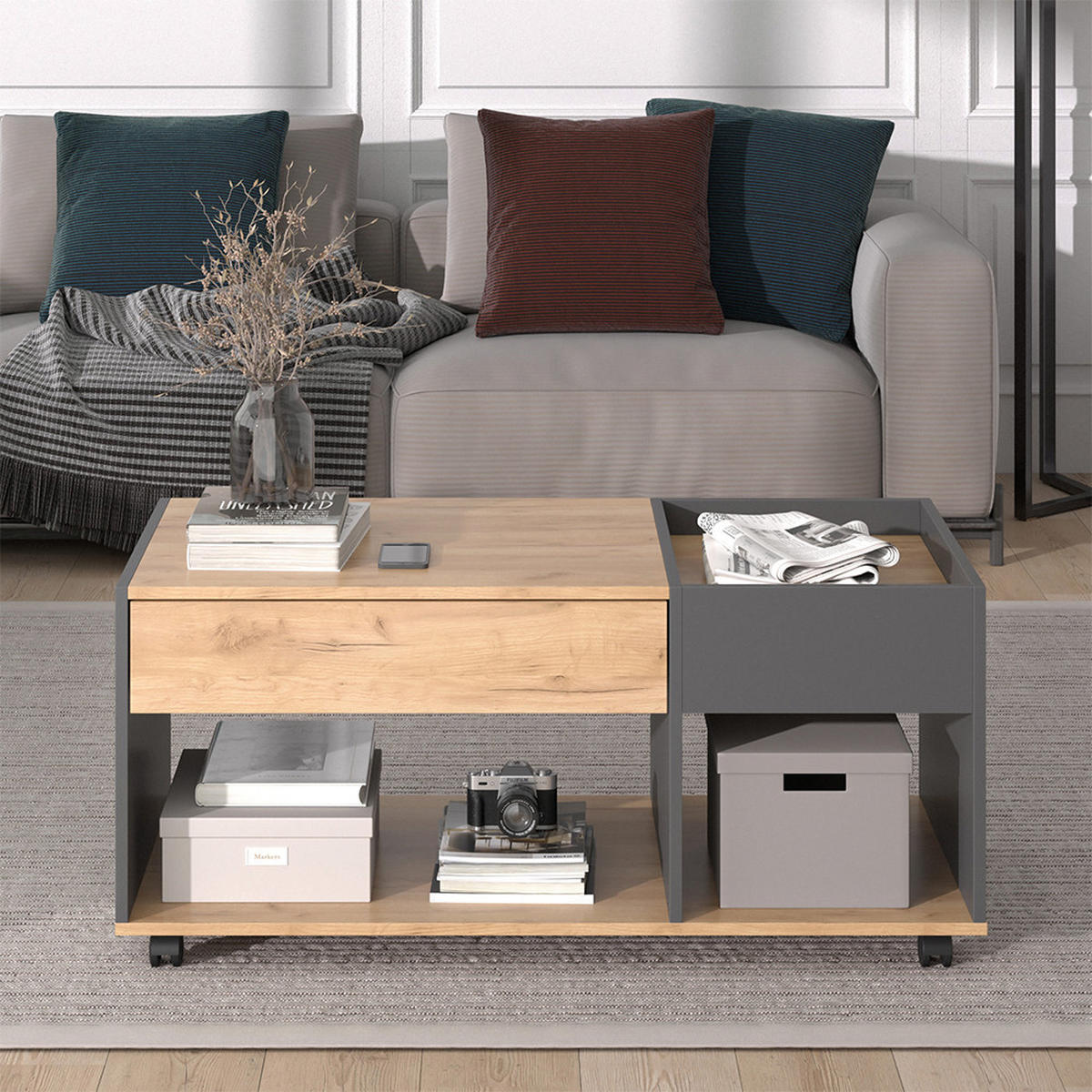 COUCHTISCH Maik Goldkraft Eiche/Anthrazit 110 x 60 cm mit Schublade - Anthrazit/Eiche Wotan, Holzwerkstoff (60/110/49.5cm) - Vicco