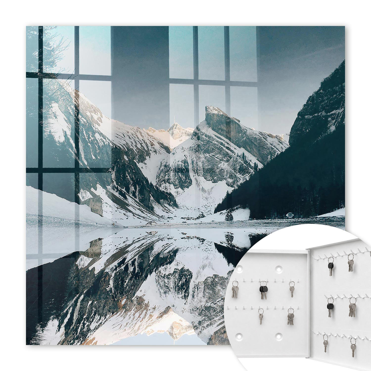 SCHLÜSSELBOX Weiß 30x30 cm – Türöffnung nach rechts - Winterlandschaft - Weiß, Metall (30/30/5cm) - TULUP