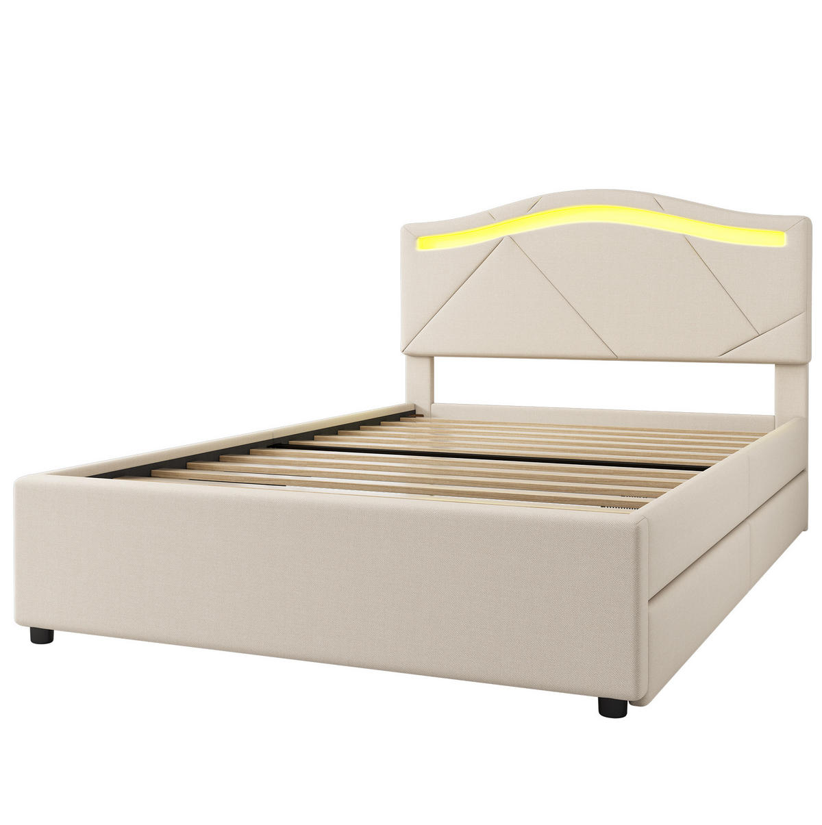 BETT mit Lattenrost, LED und 2 Schubladen 90x200 cm Beige - Beige, Metall (90/200cm) - Meubliv