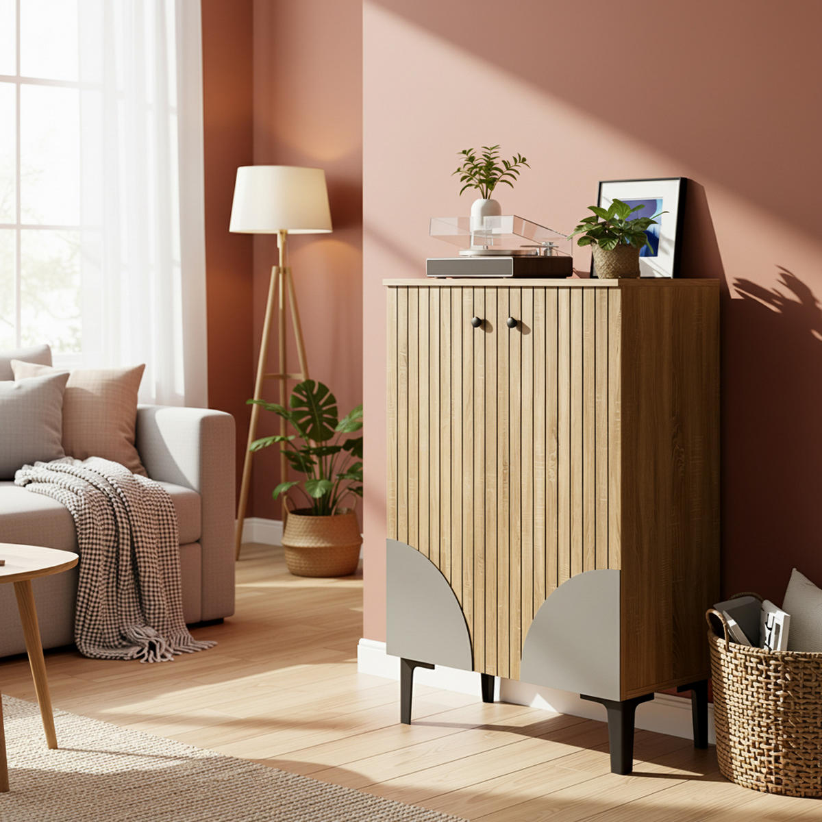 SIDEBOARD 60 cm in Natur Holz-Optik 2 Türen & schwarzes Metallgestell - Naturfarben, Holzwerkstoff (60/94/32cm) - Urban Meuble