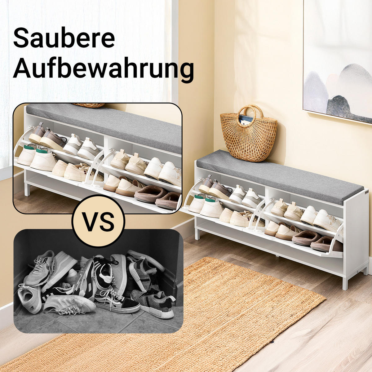 SCHUHSCHRANK mit Sitzfläche, Weiß, 105x52x24cm - Weiß, Holzwerkstoff/Metall (105/52/24cm) - SoBuy