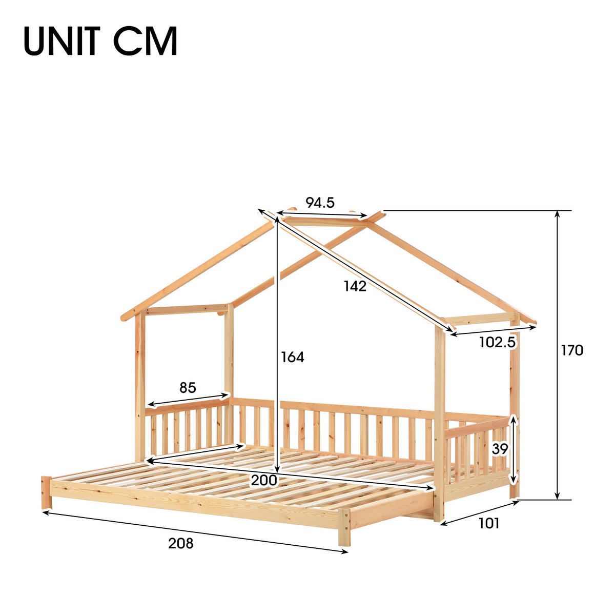 HAUSBETT aus massivem Kiefernholz 90/180x200 cm Natur ausziehbar mit Hausdach und 3-seitigem Geländer - Naturfarben, Holzwerkstoff (90/200cm) - Modfu