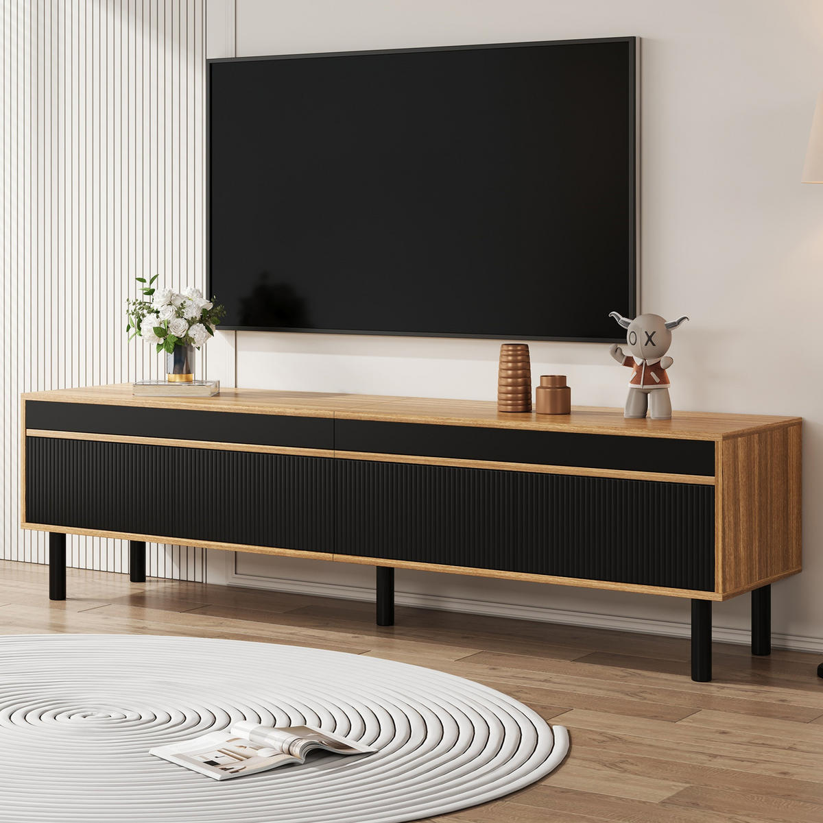 TV-LOWBOARD aus MDF und Spanplatte 170x38x47,7 cm Schwarz/Natur mit 4 Türen - Schwarz, Holzwerkstoff (170/47/38cm) - IVMEU