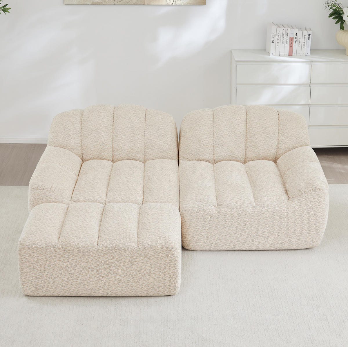 SOFA 210/165/79 cm in Beige-Weiß mit Ottoman und ohne Montage - Beige, Textil (165/79/210cm) - Flora Grace