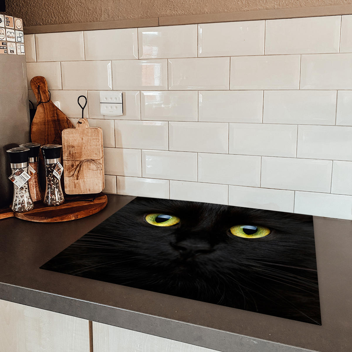 HERDABDECKPLATTE Katze - Augen - Gelb - Schwarz Herdabdeckung Induktionsfeld 65x52 cm - Schwarz, Kunststoff (65/52/0.2cm) - MuchoWow