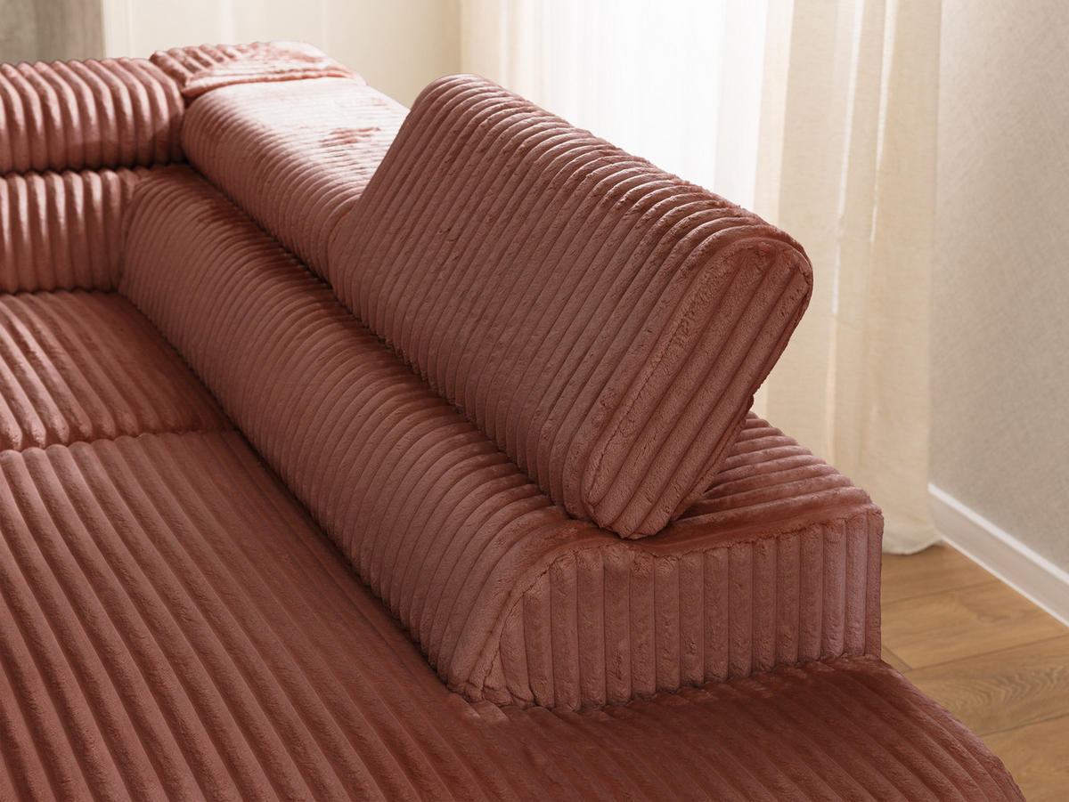 ECKSOFA mit Schlaffunktion und Bettkasten Bonnie aus Terrakotta Cord-Stoff mit verstellbaren Kopfstützen und Armlehne - Ottomane rechts - Terracotta/Schwarz, Holz/Textil (275/210cm) - S-Style Möbel