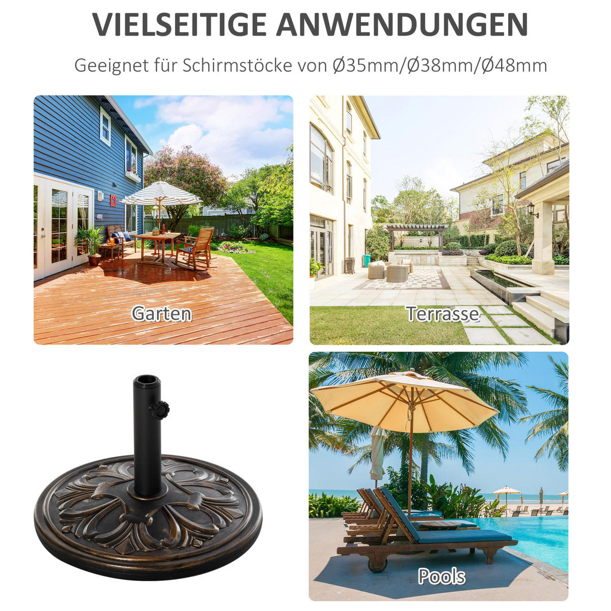 SONNENSCHIRMSTÄNDER 48/48/34 cm bronze aus Zement mit Adapterhülsen - Bronzefarben, Stein (48/48cm) - OKWISH