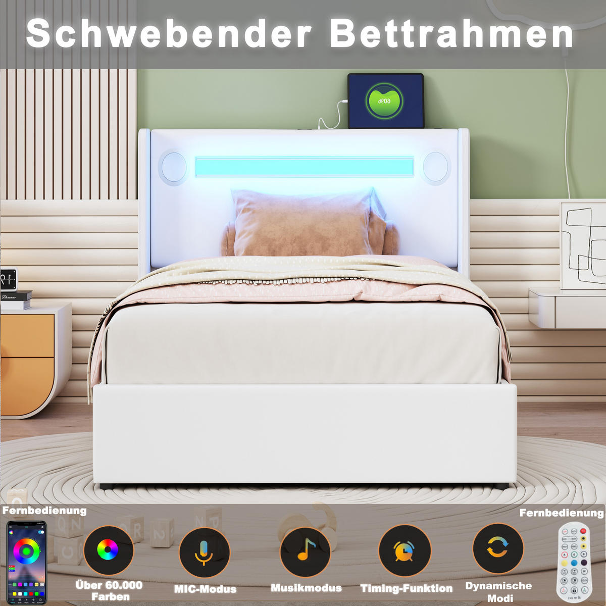 POLSTERBETT 90/200 cm mit LED-Lichtleiste und Bluetooth-Player - Weiß, Kunststoff (90/200cm) - OKWISH