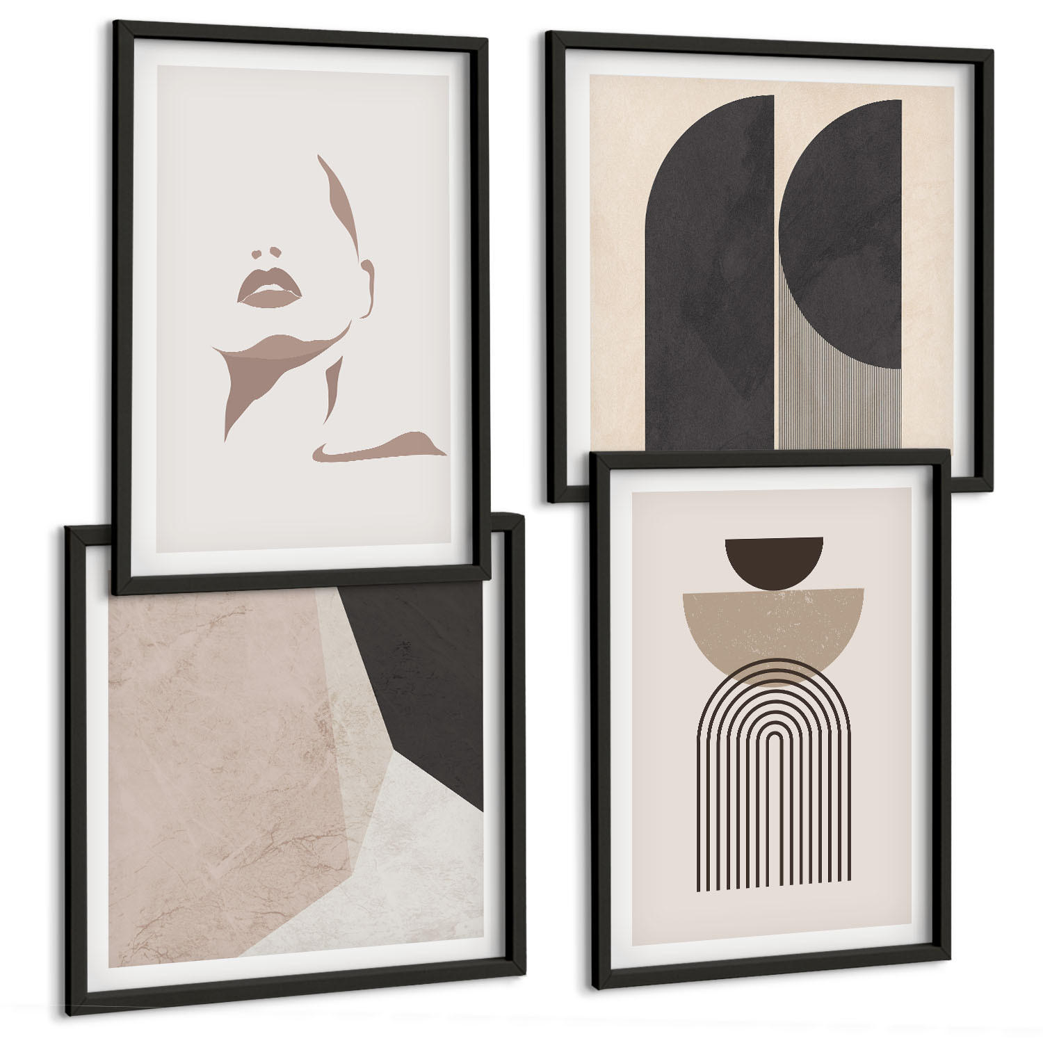 BILDER SET 4er Set - 50x50 cm & 40x60 cm Schwarzer Rahmen - Abstrakte weiß-braune Muster - Schwarz, Kunststoff (50/50cm) - TULUP
