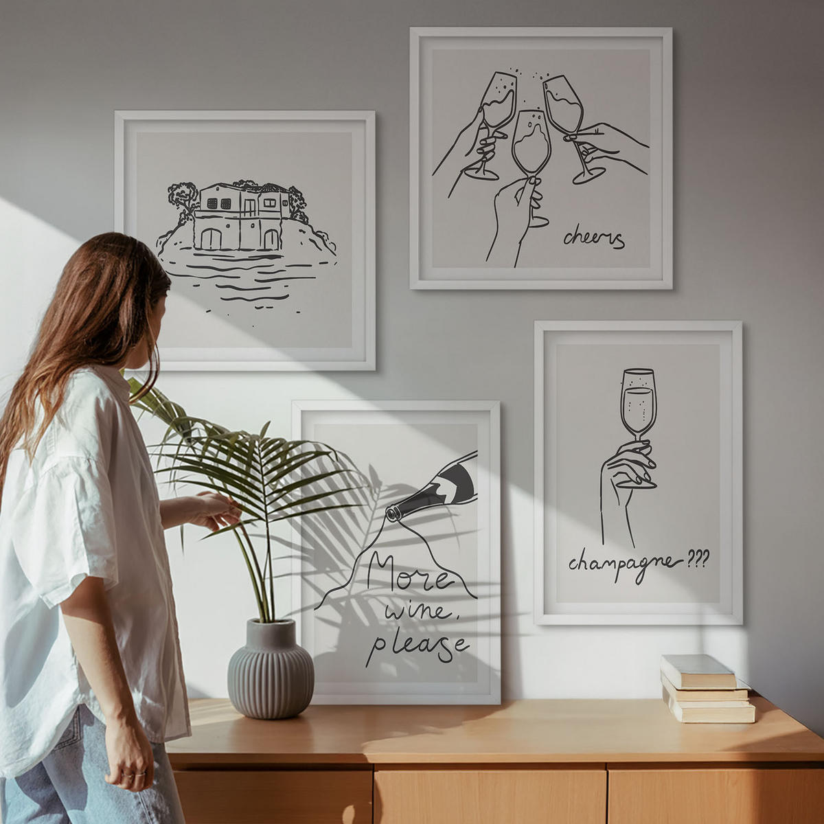 BILDER SET 4er Set - 50x50 cm & 40x60 cm Weißer Rahmen - Fröhliche Momente mit Champagner - Weiß, Kunststoff (50/50cm) - TULUP