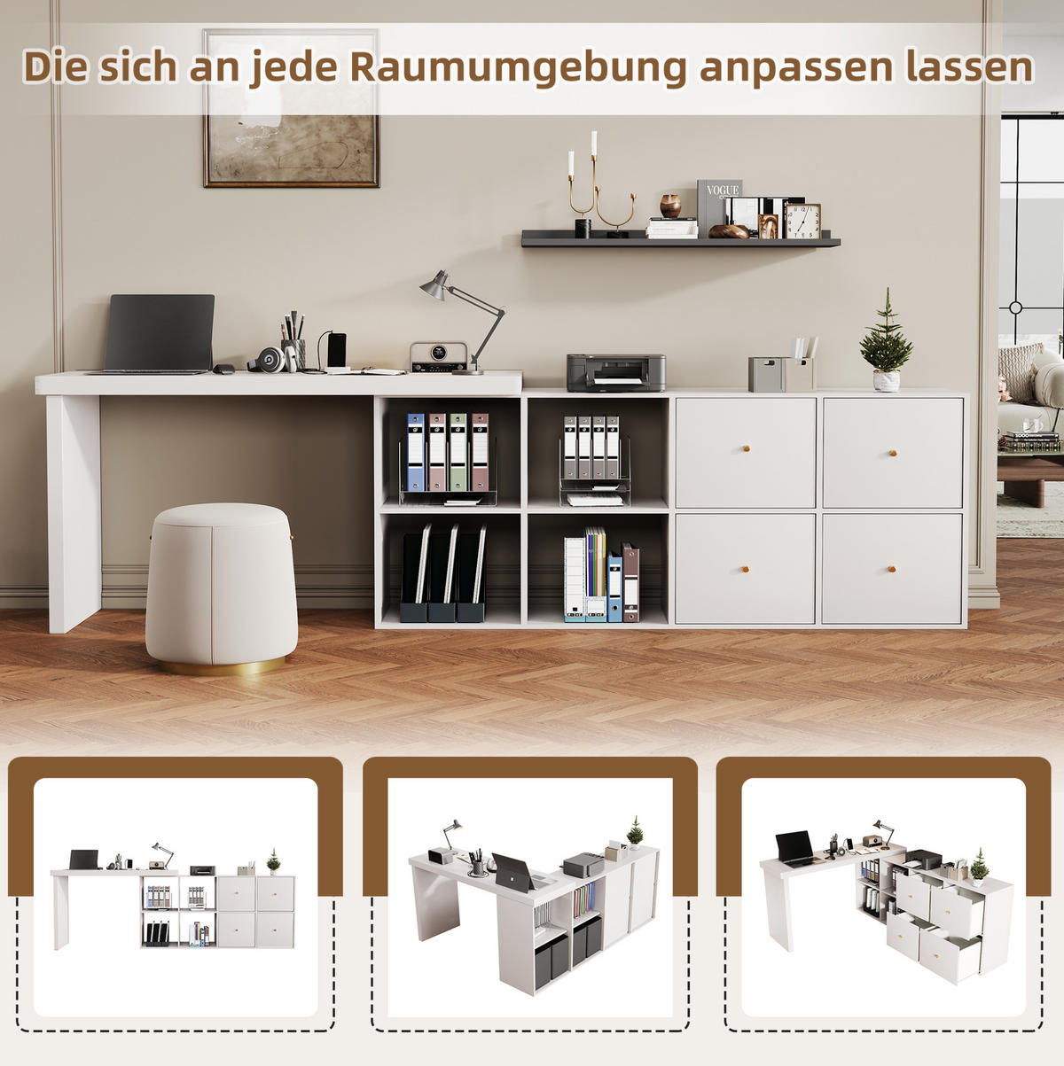 SCHREIBTISCH drehbar L-Form oder gerade MDF Weiß mit 8 Fächern - Weiß, Holz (140/120/78cm) - Meubliv