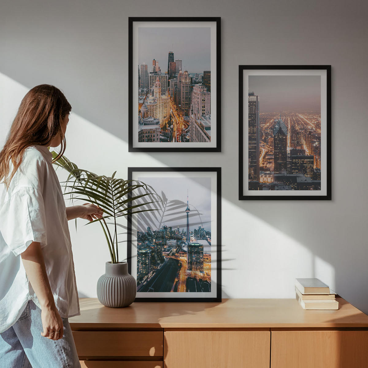 WANDBILDER 3er-Set - 40x60 cm Schwarzer Rahmen - Städte bei Nacht, Wolkenkratzer, Lichter - Schwarz, Kunststoff (40/60cm) - ArtPrintCave