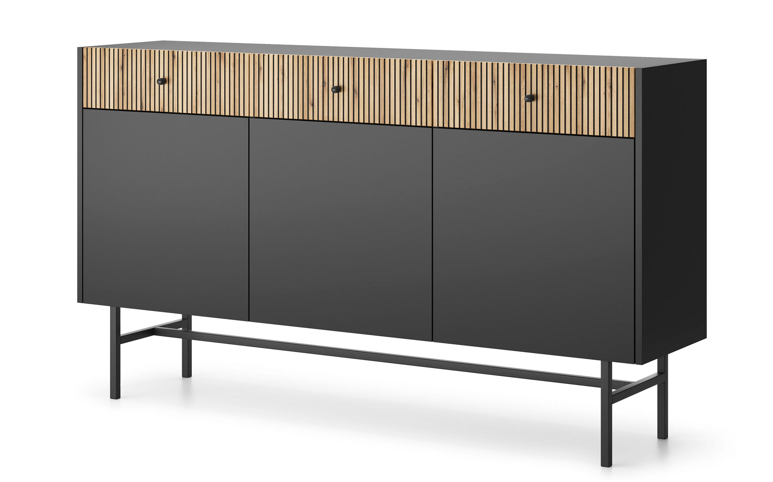 SIDEBOARD Dinley 3T 3S Schwarz, Braun 155/89,4/39 cm – mit langen Beinen und Lamellenfront - Schwarz/Braun, Holzwerkstoff/Metall (155/89.4/39cm) - AX Living
