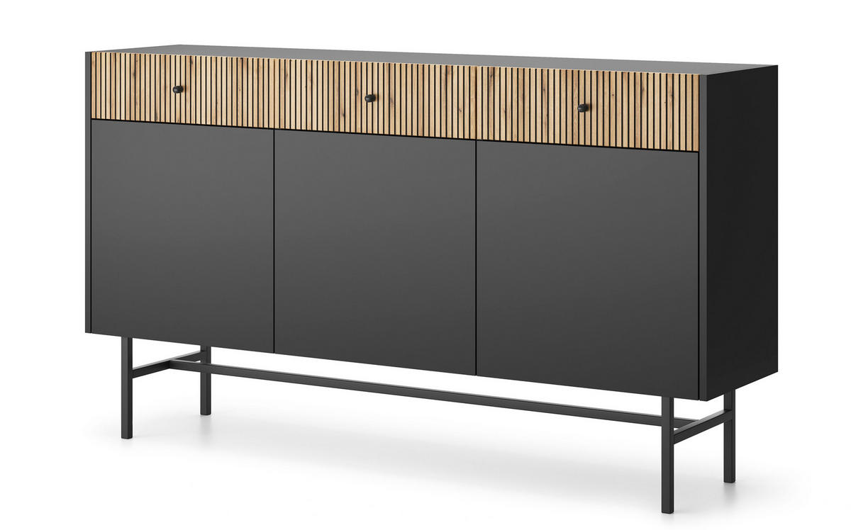 SIDEBOARD Dinley 3T 3S Schwarz, Braun 155/89,4/39 cm – mit langen Beinen und Lamellenfront - Schwarz/Braun, Holzwerkstoff/Metall (155/89.4/39cm) - AX Living