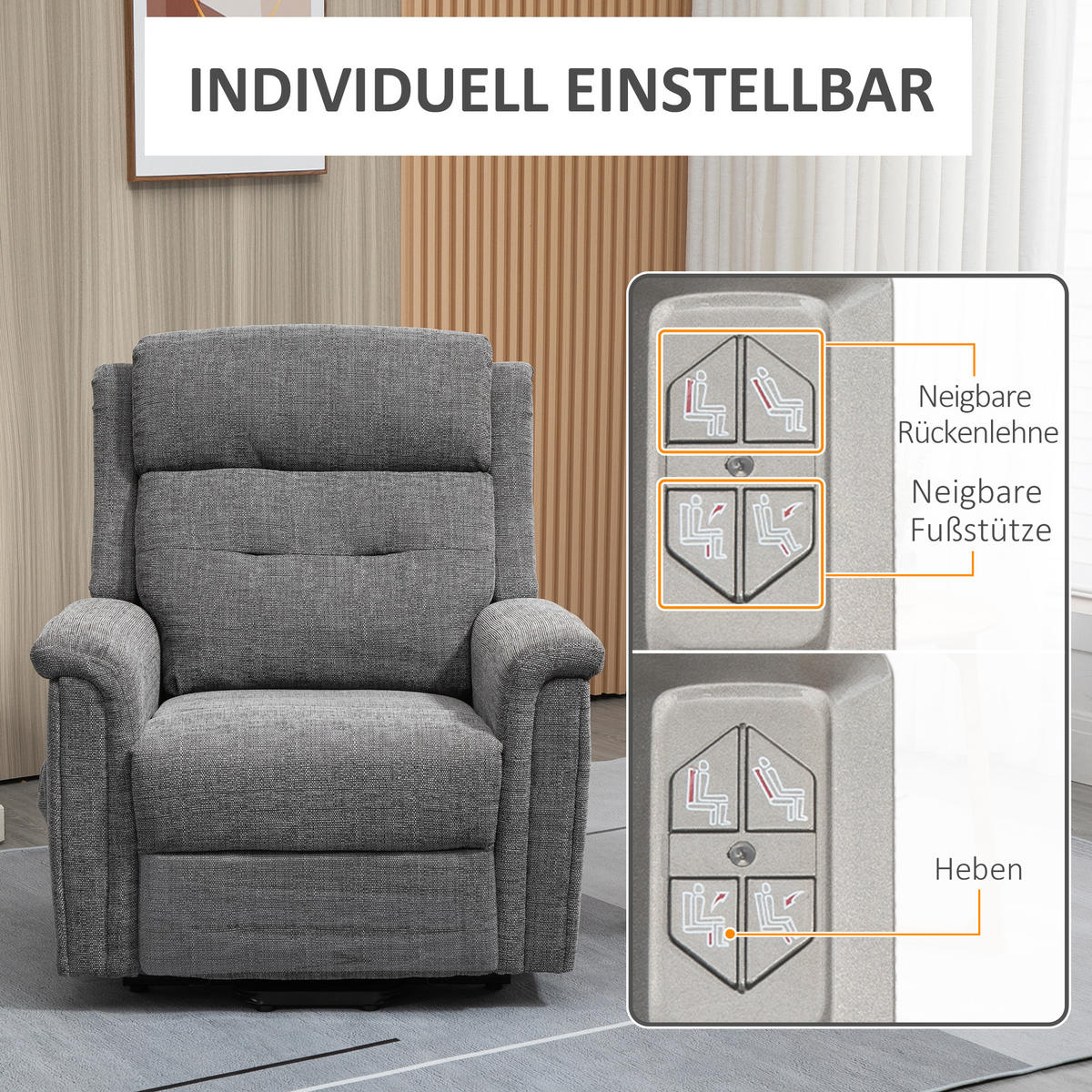 FERNSEHSESSEL mit Aufstehhilfe, Grau - Grau, Kunststoff (87/108/92cm) - HOMCOM