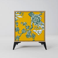 SIDEBOARD YELLOW CHINOISERIE, Eichefarben, 57,5x42x70,5 cm, Schwarze Metall-Sternfüße - Eichefarben/Multicolor, Holzwerkstoff/Metall (57.5/70.5/42cm) - SpaceRebels