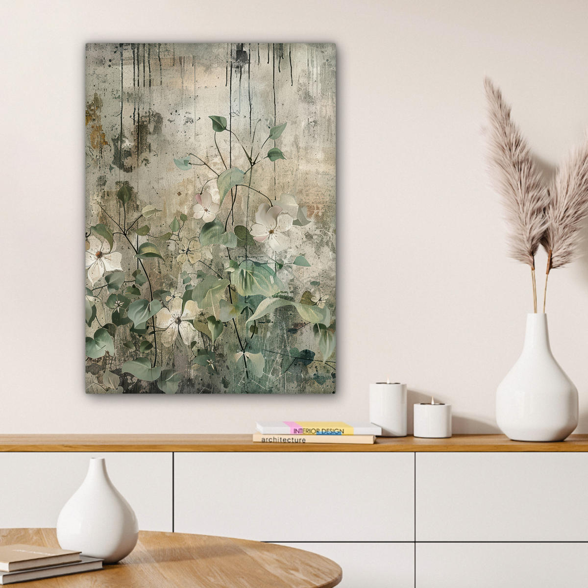 LEINWANDBILD - Blumen - Blätter - Abstrakt - Modern - 60x80 - Gemälde - Grau, Textil (60/80cm) - MuchoWow
