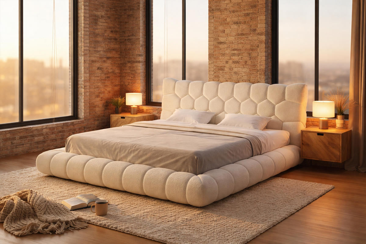 POLSTERBETT ATTICO Cremeweiß Bouclé - Creme, Textil (180/200cm) - KAWOLA