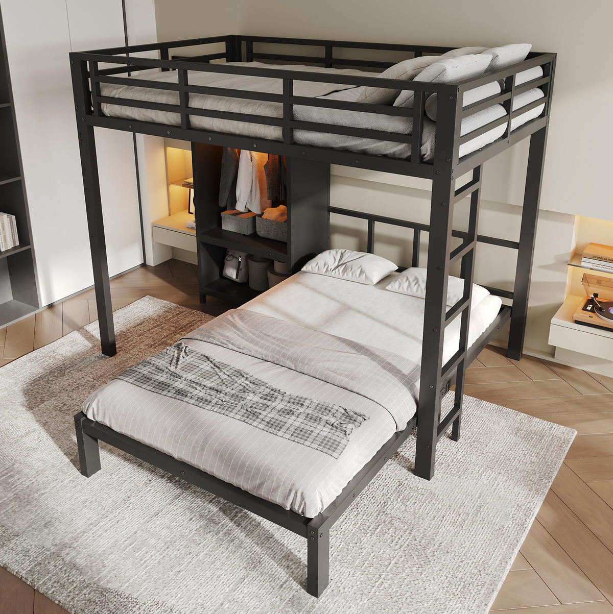 ETAGENBETT aus Metall und Holz 120x200 cm Schwarz mit Kleiderschrank und LED-Beleuchtung - Schwarz, Metall (120/200cm) - Modfu