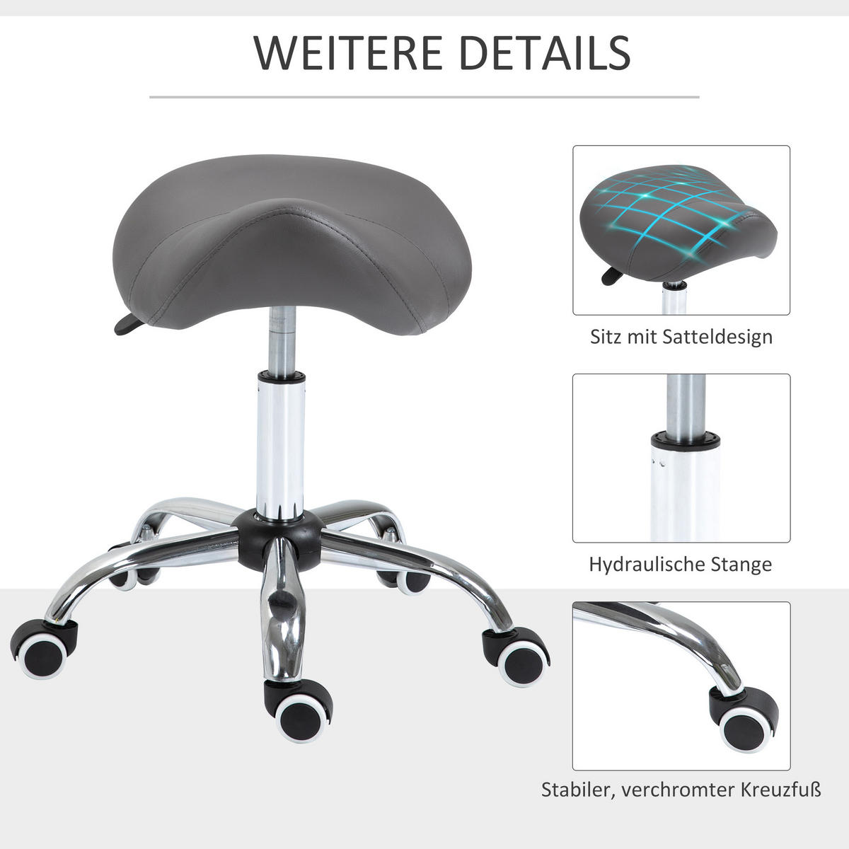 ROLLHOCKER Höhenverstellbarer Drehhocker Arbeitshocker mit Rädern Grau - Grau, Kunststoff (53/49/52cm) - HOMCOM