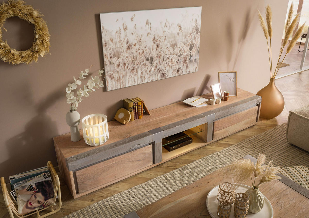 TV-BOARD Akazie 240x48x39 beige lackiert Amsterdam #104 - Beige, Holz (240/39/48cm) - Massivmoebel24