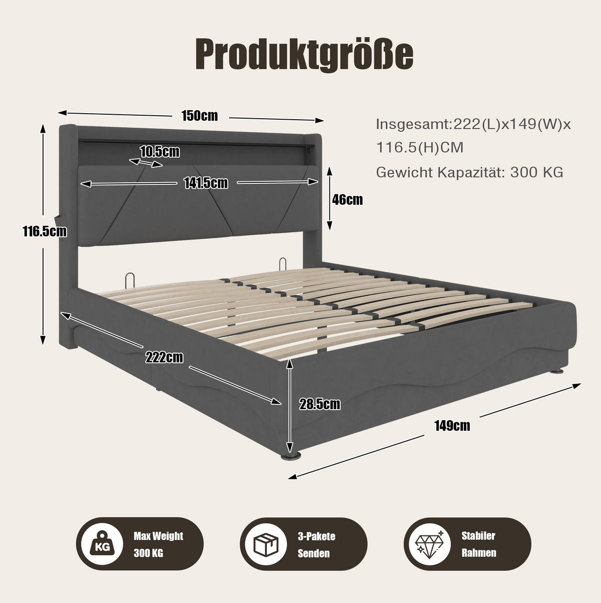 POLSTERBETT 140/200 cm aus Samt mit LED-Kopfteil und Stauraum Dunkelgrau - Dunkelgrau, Textil (140/200cm) - Modenvie