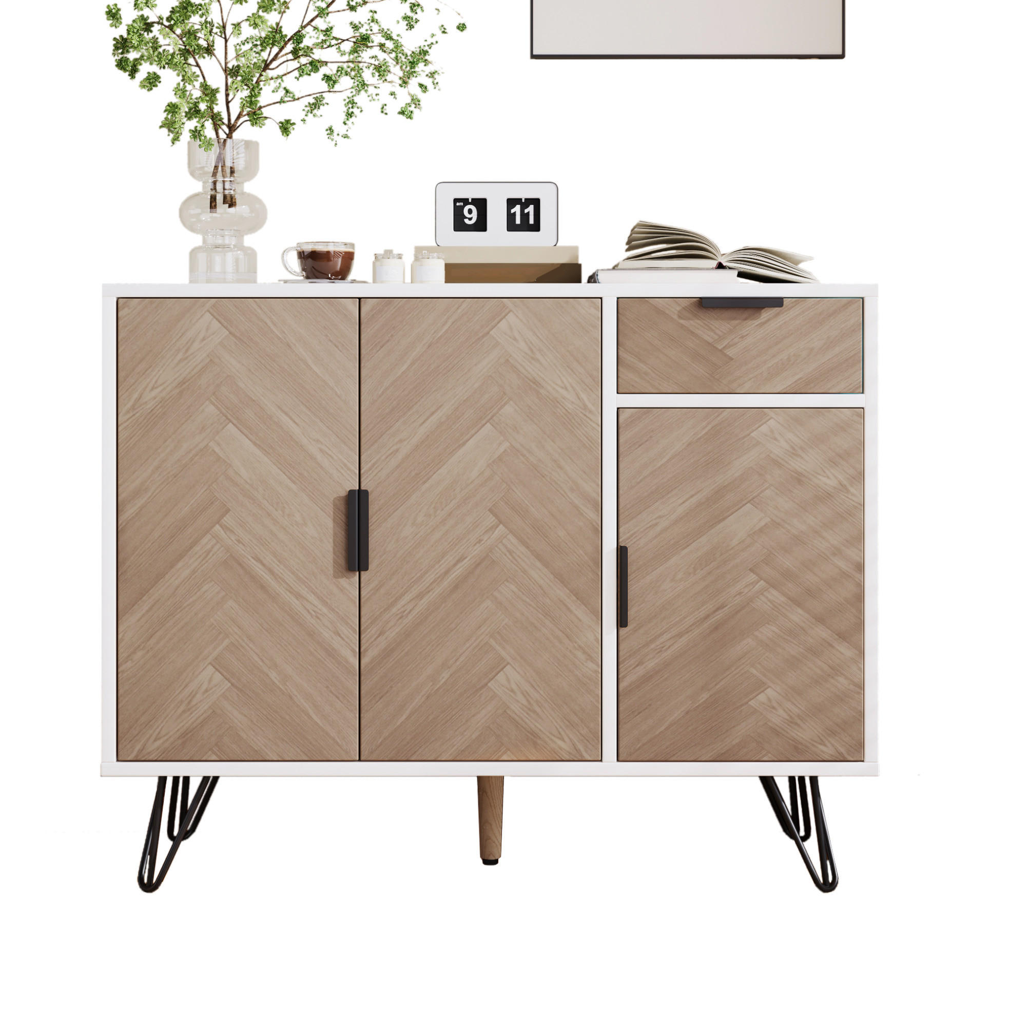 Redom SIDEBOARD 90/30/71,5 cm s nastavitelnými policemi a zásuvkou, Bílá/dřevo