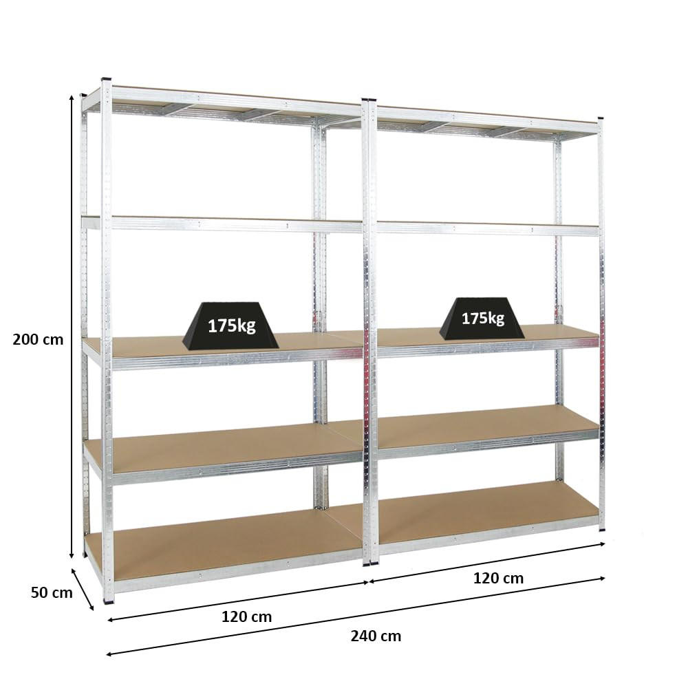 KELLERREGAL Gorilla 2er-Set mit 2x 200x120x50 cm Fachlast 175 kg Verzinkt - Silberfarben, Metall (120/200/50cm) - PROREGAL