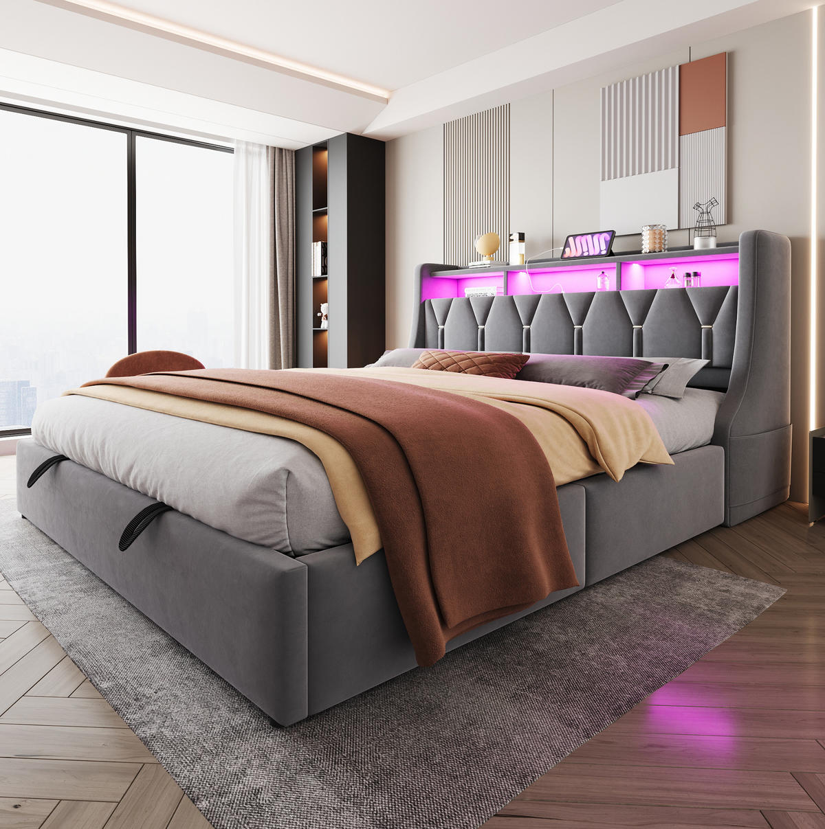 POLSTERBETT 180/200 cm mit LED-Beleuchtung, USB-, Typ-C-Anschluss und hydraulischem Stauraum, Grau - Grau, Textil (180/200cm) - Redom