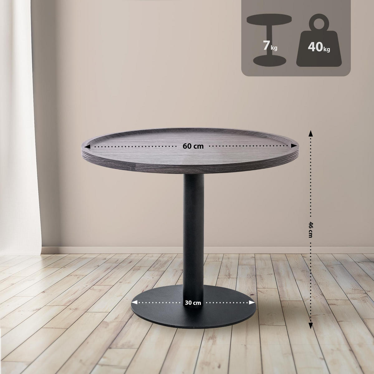 BEISTELLTISCH rund 60 cm Holz Grau - Schwarz/Grau, Holz/Metall (60/60/46cm) - CLP