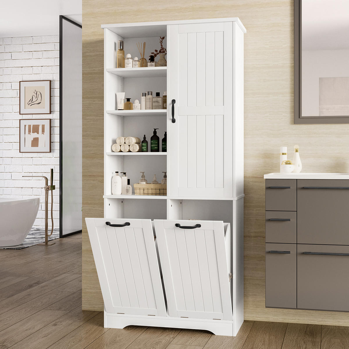 HOCHSCHRANK 78/35/172.7 cm Weiß mit doppelter Wäschekorb und 4 offene Fächer - Weiß, Holz/Holzwerkstoff (35/172.7/78cm) - Oxeza
