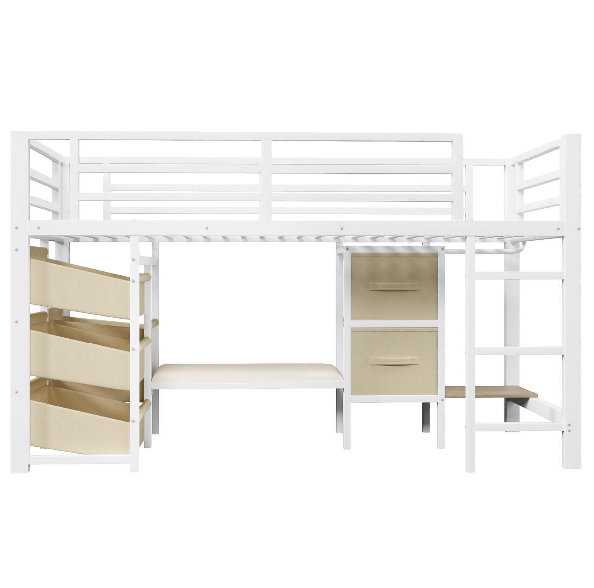 HOCHBETT aus Metall 90x200 cm in Weiß mit LED & Stoffschublade - Weiß, Metall (90/200cm) - Modfu