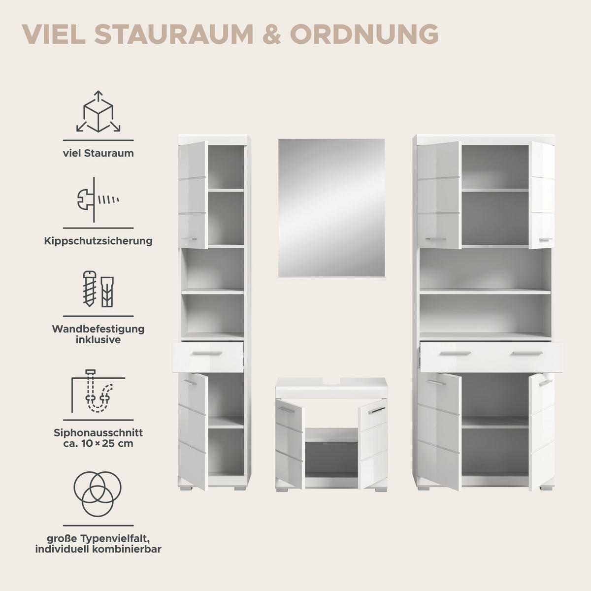 BADKOMBINATION 4tlg. Scout Bad in weiß Nachbildung und weiß hochglanz B/H/T: 186x191x34 cm - Weiß, Holz (186/191/34cm)