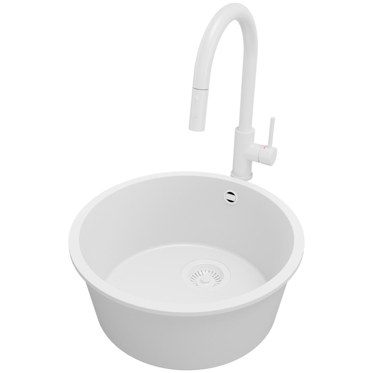 GRANITSPÜLE Valletta Slim, 2-er set Alles Weiß 46/46 cm 1 Becken + Küchenarmatur 40/20 cm + Ablauf-Set ab 50er Unterschrank - Weiß, Kunststoff (46/20/46cm) - Primagran