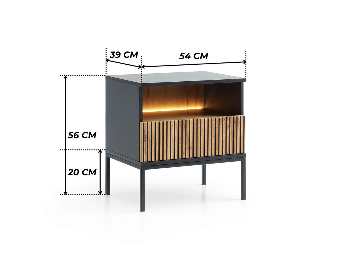 MODERNER Geriffelter Nachttisch LAGOS SN1SZ (Schwarz, Eiche Wotan, LED, Metallfüße, Push to Open) - Eiche Wotan/Schwarz, Holz/Holzwerkstoff (54/56/39cm) - Ravio