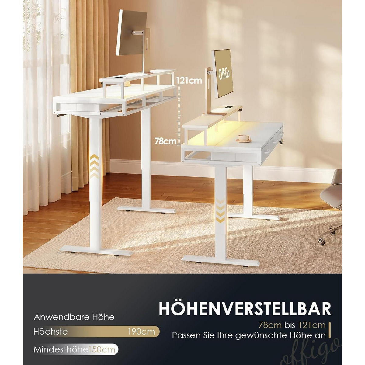 ELEKTRISCHER Schreibtisch mit Schubladen 140 cm Weiß - Weiß, Holzwerkstoff (54/140/78cm)