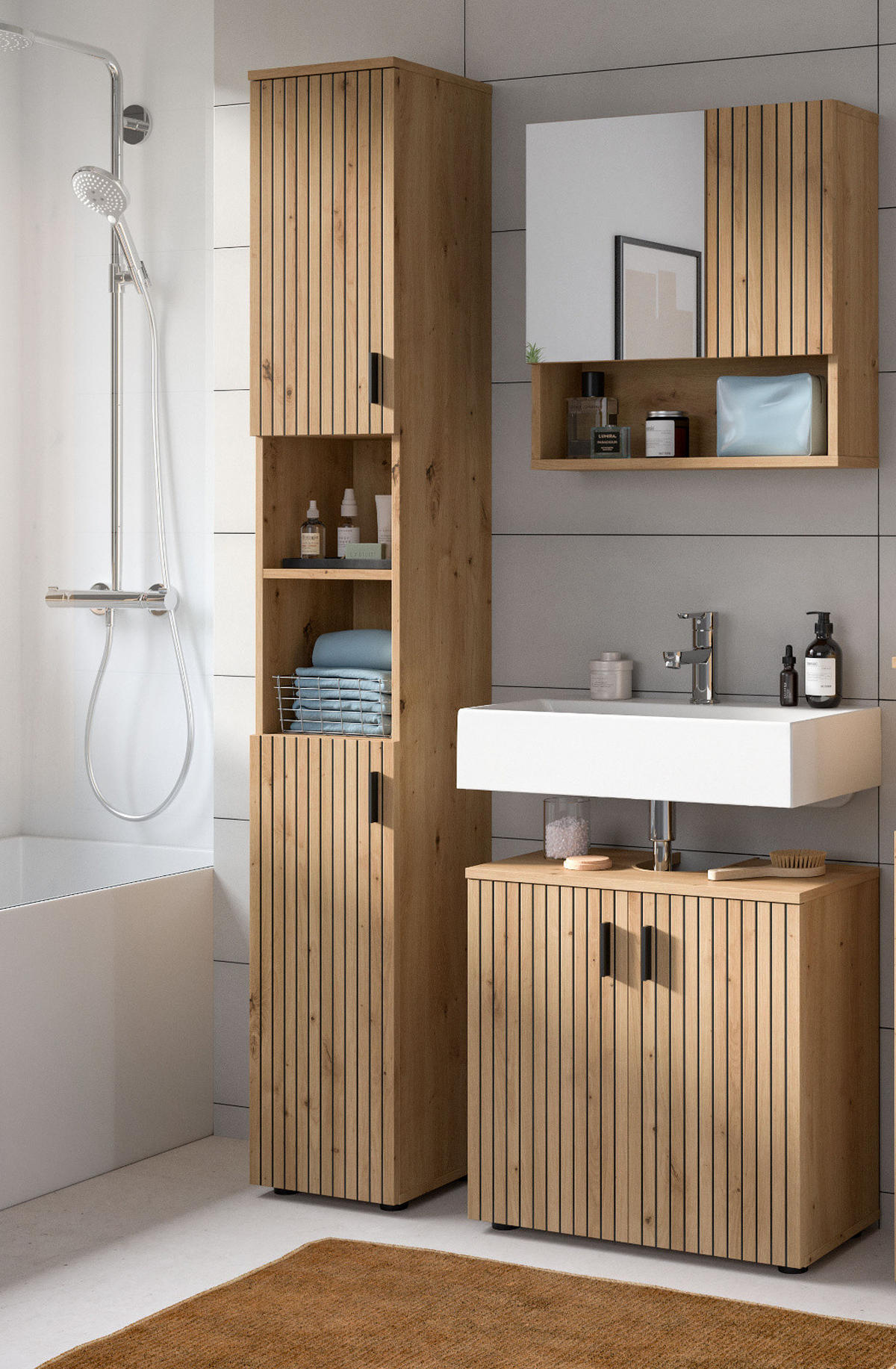 SPIEGELSCHRANK Eiche Artisan, 54 x 55 cm, Badezimmer Schrank mit Spiegel - Eiche Artisan, Glas/Holzwerkstoff (60/55/17cm) - Inn.Furn