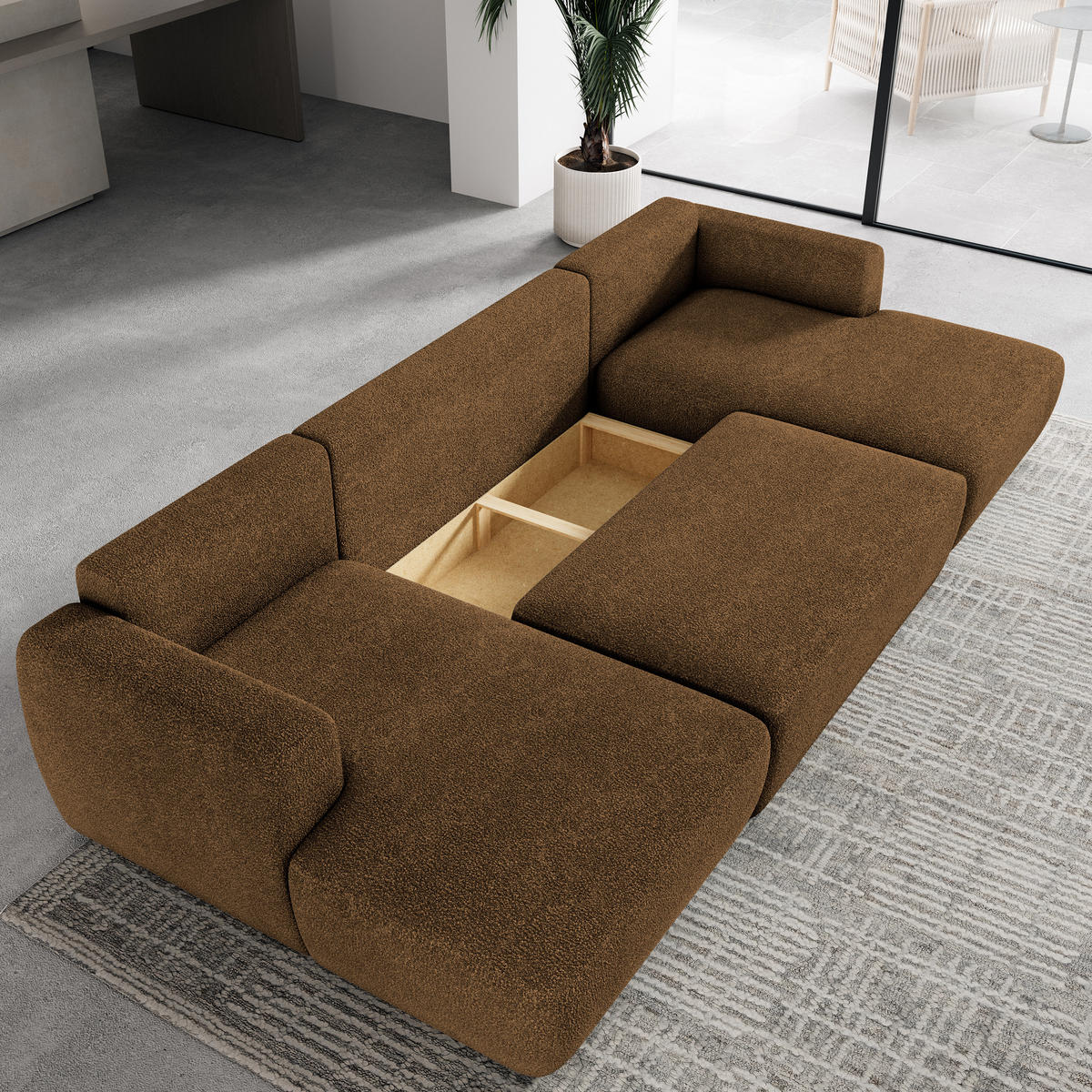 WOHNLANDSCHAFT SENTUM N Braun Boucle-Stoff mit Schlaffunktion - Braun, Holz (330/90/148cm) - MASSENO