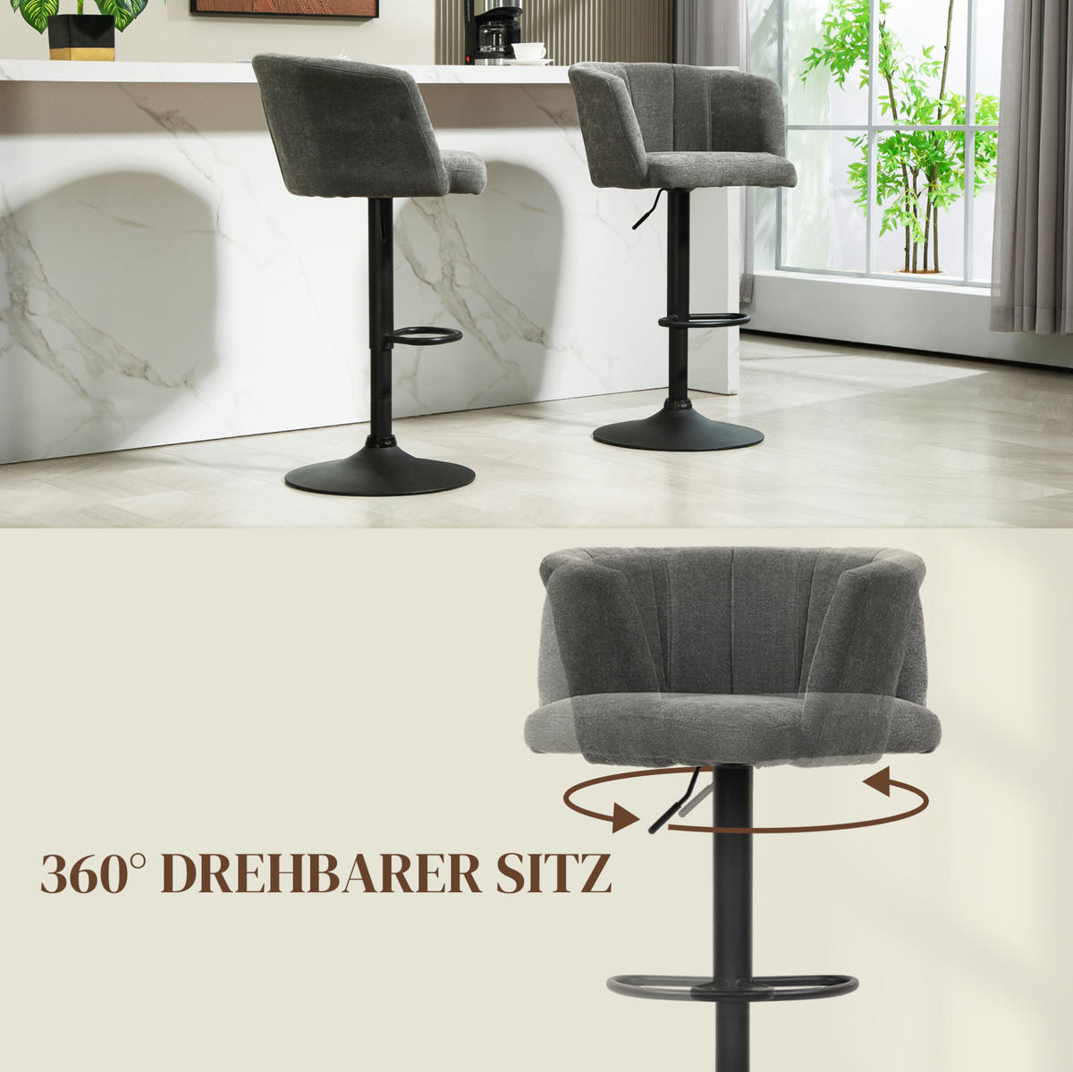 BARHOCKER 2er-Set, höhenverstellbar und drehbar mit Fußstütze, Dunkelgrau - Dunkelgrau, Textil (53/110/59cm) - MIVRAY