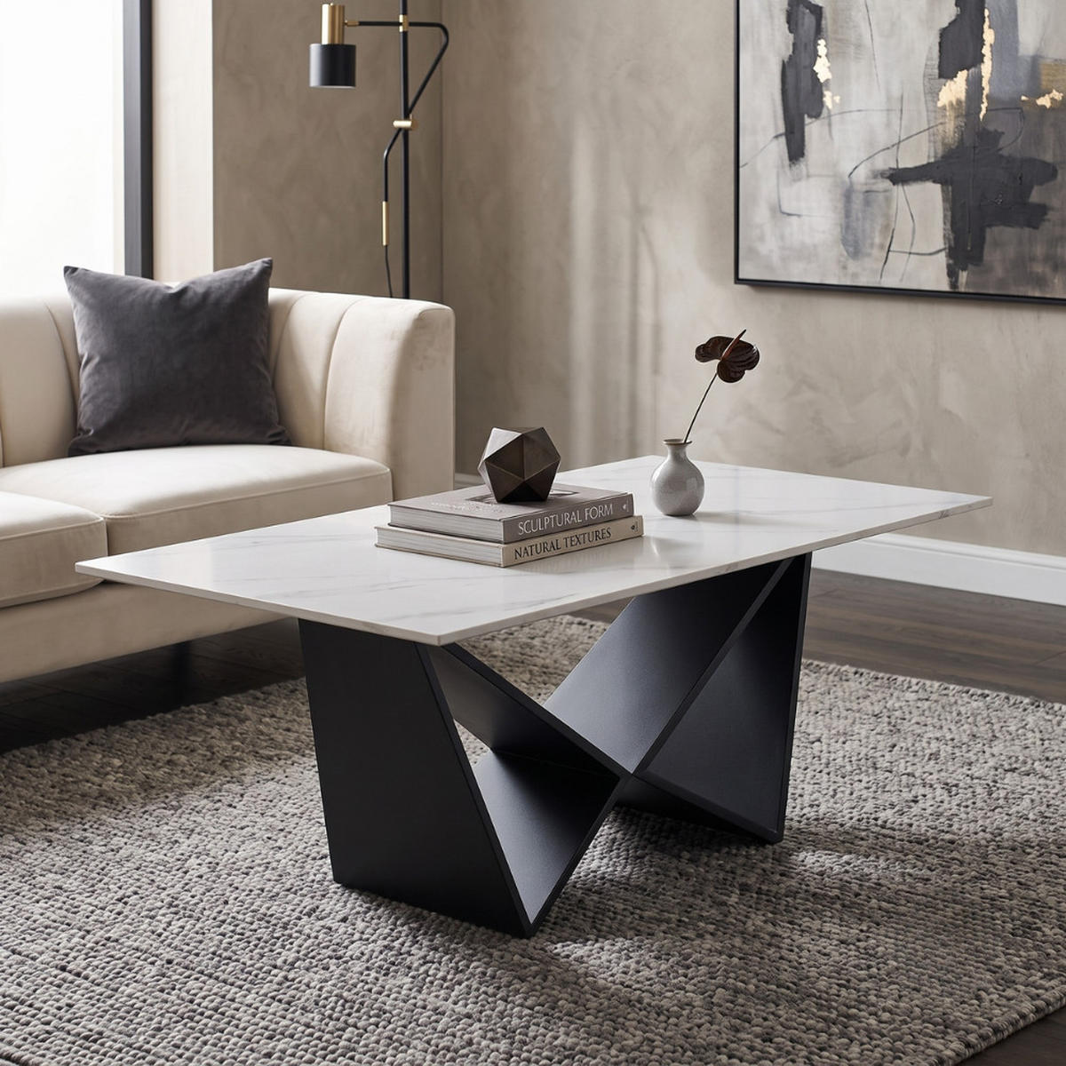 DESIGN-COUCHTISCH CENTO Rechteckiger Wohnzimmertisch in Marmor-Optik mit geometrischem Edelstahl-Gestell (130 x 70 cm) - Schwarz, Metall (70/130/42cm) - alesvelt