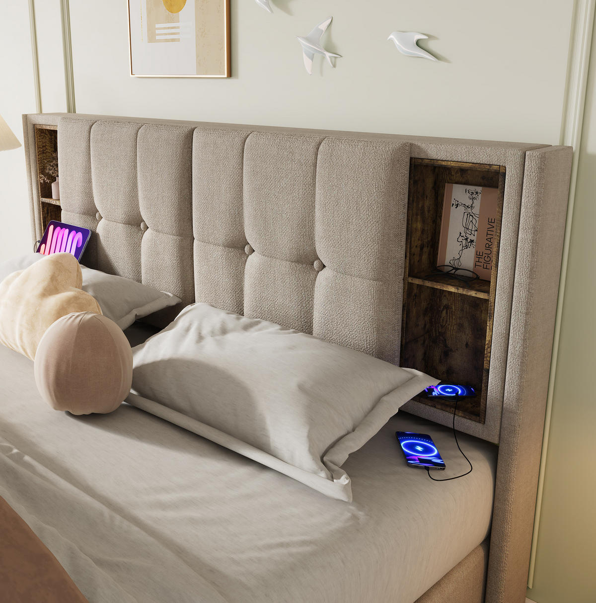 POLSTERBETT 140/200 cm Natur mit Stauraum, Matratze und USB-/Type-C-Anschlüssen - Naturfarben, Textil (140/200cm) - Flora Grace