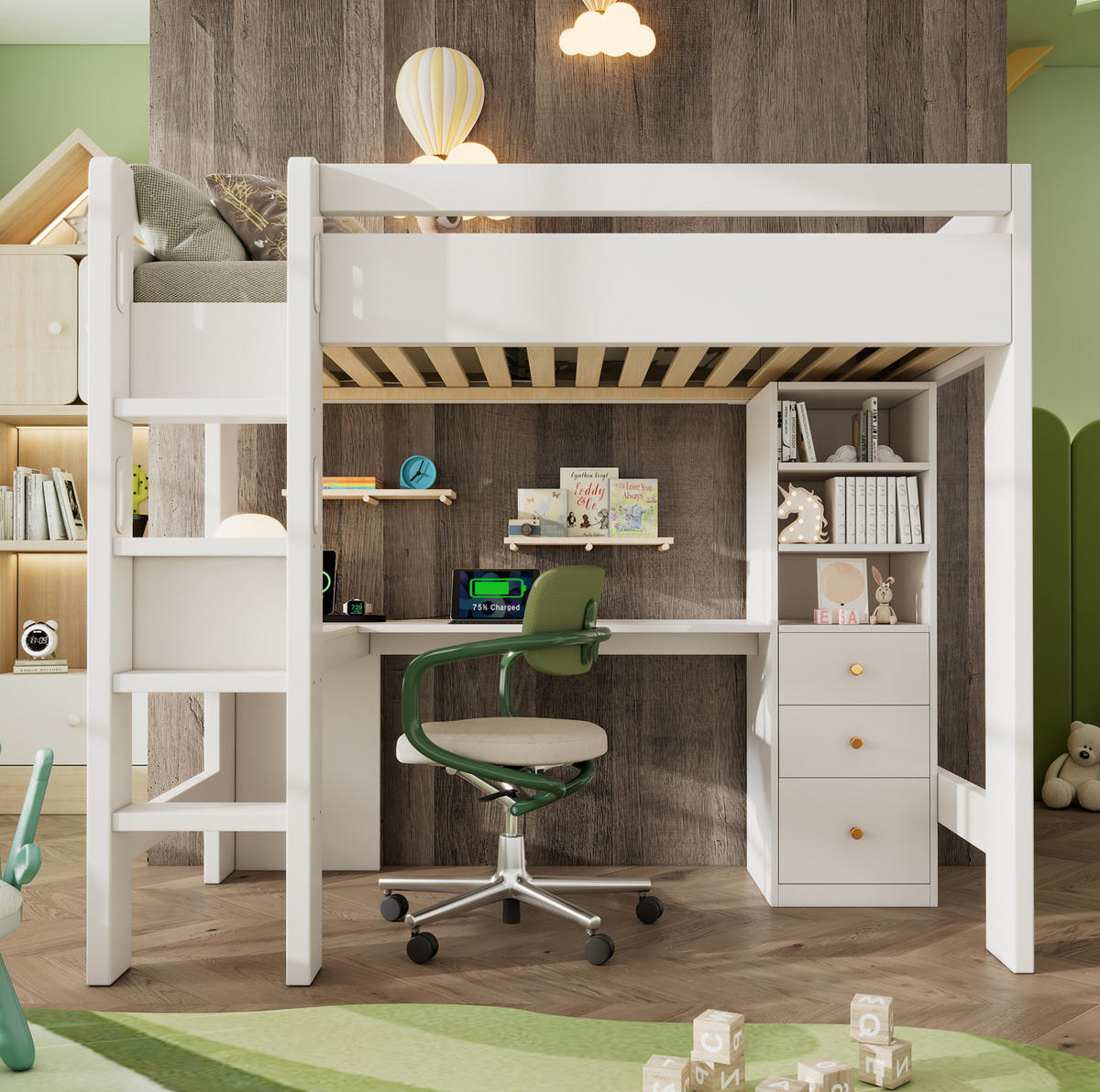 HOCHBETT 90/200 cm Weiß mit L-förmigem Schreibtisch und USB- und Type-C-Anschlüssen - Weiß, Holzwerkstoff (90/200cm) - OKWISH